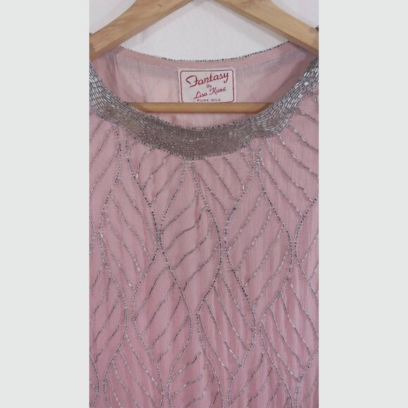 Fantasy by Lisa Kane, Silver-Beaded, Pink Pure Silk Chiffon Dress, Size 14-16 - Picture 8 of 14